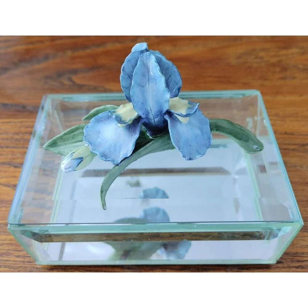LEFTON Clear Crystal Glass Trinket Blue Iris Top Birthday Valentine Gift Idea
